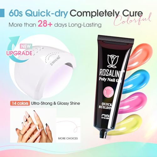 ROSALIND Colors Poly Nail Gel Kit, 14 ColorsPoly Nails Gel Starter Kits with Slip Solution 48W Nail Lamp Halloween All Seasons Classic Poly Extension Gels Nails Kit