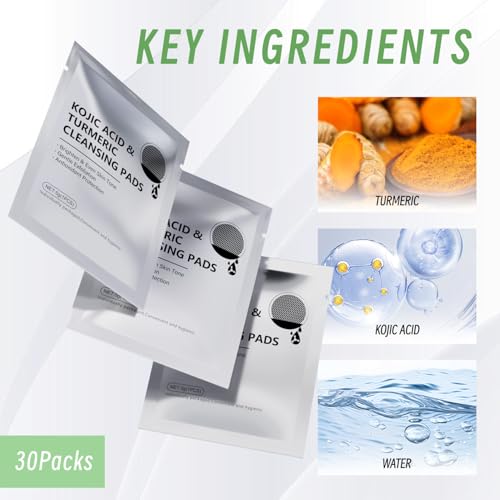 Kojic Acid Cleansing Turmeric Pads: 30 Packs Individually Wrapped Face Makeup Remover - Face Scrub Pads