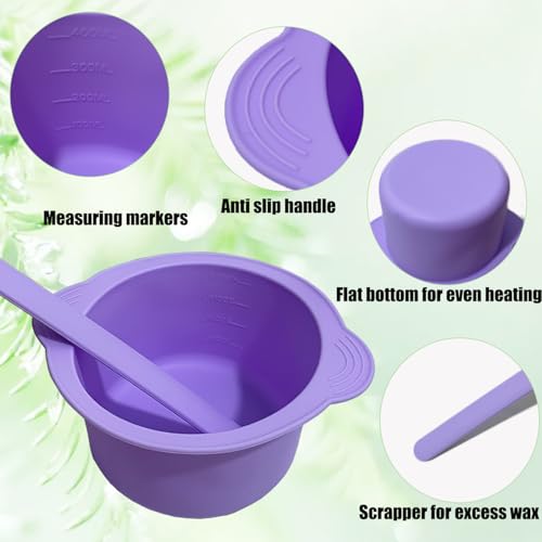 Silicone Wax Warmer Liner, Silicone Wax Bowl for Hair Removal, Non-Stick Wax Melt Warmer Wax Pot Replacement, Reusable Wax Melt Liner with 2 Pcs Spatula Sticks for Hair Removal (Pink, Purple)