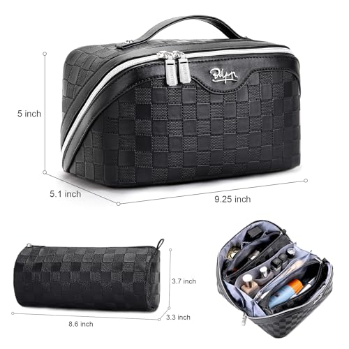 BOYATU Travel Makeup Bag Organizer Cosmetic Bag: 3 Pcs Set Large Capacity Make up Bag with Compartments - Waterproof Leather Toiletry Bags with Handle Travel Essentials Case Gifts for Women (01-Black)