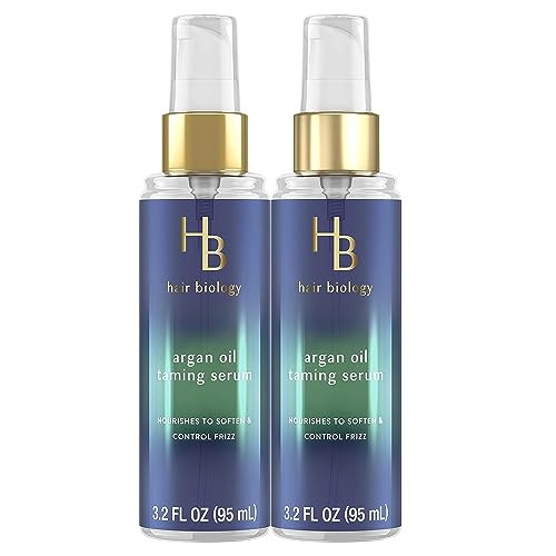 Hair Biology Argan Oil Taming Serum, Twin Pack, 3.2 Fl Oz Each ? Hair Serum Nourishes to Soften & Control Frizz. Infused with Biotin ? Dry Hair Treatment, Safe for Color Treated Hair