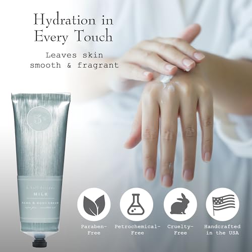 K. Hall Designs Milk Hand & Body Cream, Creamy-Sweet Scent with Coconut & Vanilla, Shea Butter Lotion for Men & Women, Relieves Dry Skin & Cracked Hands, 3.4 fl oz