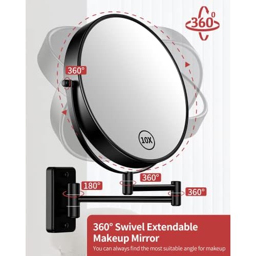Gospire 9" Large Size Wall Mount Magnifying Mirror, 1X/10X Magnification Double-Sided, 360¡Æ Swivel Extendable Cosmetic Vanity Round Shaving Bathroom Mirror for Men and Women