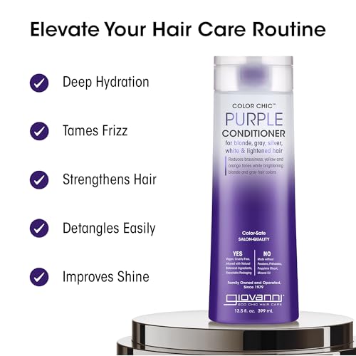 GIOVANNI Color Chic Purple Conditioner for Blonde, Gray, Silver, White, & Bleached Hair - Reduces Brass, Yellow, & Orange Tones, Adds Shine, Vegan, Cruelty Free - 13.5 fl oz