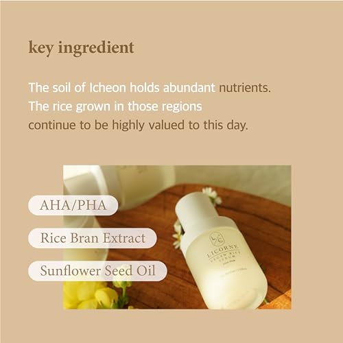 LICORNE Vegan Rice Bran Serum, Daily Resurfacing Face Serum for Glass Skin, AHA/PHA & Rice Water Extract for Rough Texture & Pores, Gentle Exfoliating & Brightening Essence, Large 1.52 fl oz