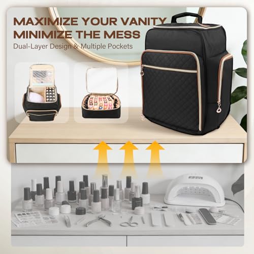 Nail Polish Organizer Backpack Holds 126 Bottles & Nail Lamp, Extra Large Nail Organizers and Storage Case with 3 Removable Pouches, Portable Nail Bag for Tech & Travel