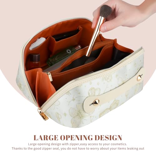 KEYPOWER Large Capacity Cosmetic Bag with Butterfly Pattern Travel Makeup Bag Portable Toiletry Bag with Handle for Women (White)