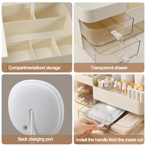 DASITON Makeup Organizer with Rechargeable Mirror and 3 Drawers,Skincare and Cosmetics Organizer Countertop,Makeup Brush Holder,Large Cosmetic Display Case for Vanity,Desk,Bathroom,Bedroom(Cream)