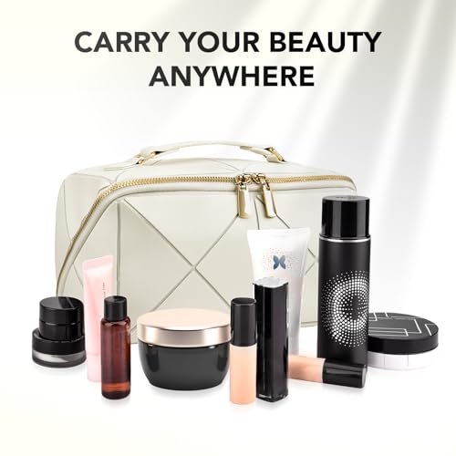 stona Travel Makeup Bag for Women, Large Capacity PU Leather Waterproof Checkered Cosmetic Bags, Portable Pouch Open Flat Toiletry Bag, Make up Organizer with Divider and Handle H3, Black-03