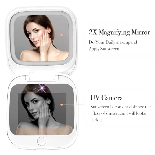 UV Camera Mirror for Sunscreen Test & SPF Detection, 1x/2x Magnifying Travel Mirror with Dimmable LED Lights, Handheld 2-Sided Portable Makeup Mirror for Handbag/Pocket,White