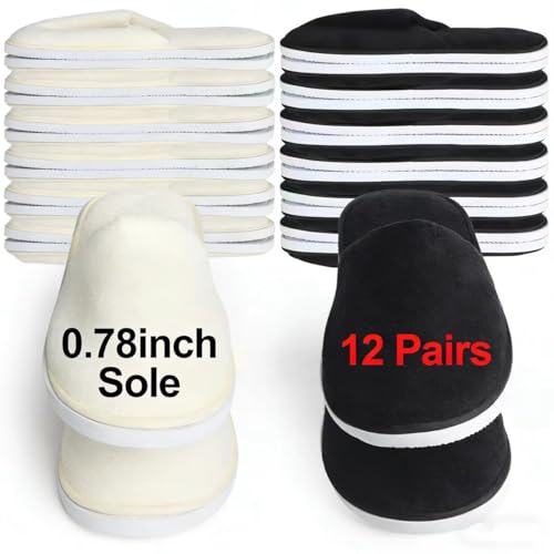 Yeios 12 Pairs Disposable Slippers for Guests Hotel Spa Slippers,0.78inch Sole 180GSM Coral Fleece Non-slip Washable House Slipper Bulk for Adult for Men and Women Beige and Black