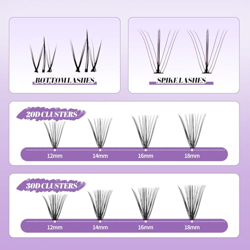 DIY Lash Extension Kit Lash Clusters With Bottom Lashes 20/30/40/50D 12-18mm Multi-types Individual Lashes Bond and Seal, Spike, Volume Lashes Kit Lash Applicator(20/30 Kit)