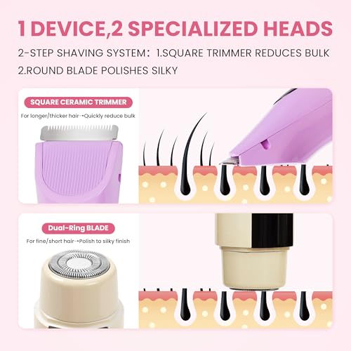 2 in 1 Electric Shaver Bikini Trimmer for Women with Digital Display, Dual Head LED Arrow Indicator, IPX7 Waterproof Wet & Dry Use Electric Razor for Leg Arm Body Face Bikini