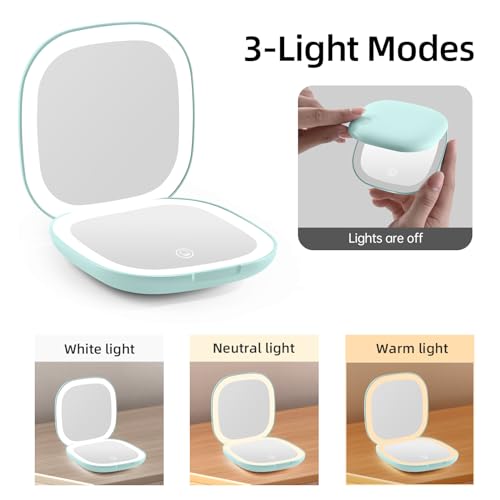Compact Magnifying Travel Makeup Mirror with LED Light - 3.5 inches 1X/10X Magnification Small Hand Pocket Dimmable Double Sided USB Rechargeable Touch Screen, Portable Tabletop Cosmetic (Green)