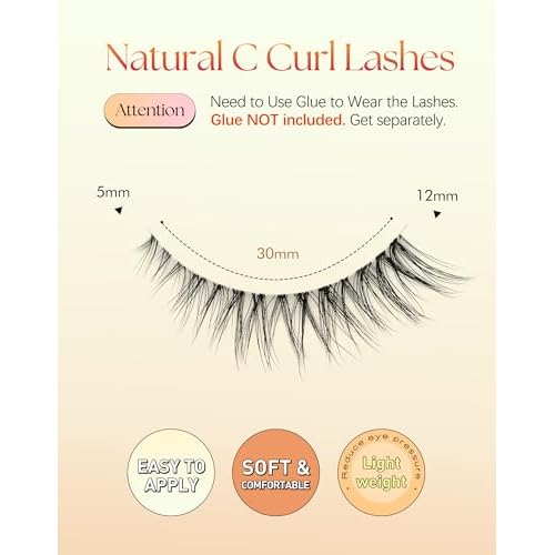 Eyelashes Natural Lashes Cat Eye 12MM Fake Eyelashes Wispy C Curl Lash Strips False Lashes with 0.1MM Clear Band 3D Volume False Eyelash Pack ChirpyLuna 7 Pair