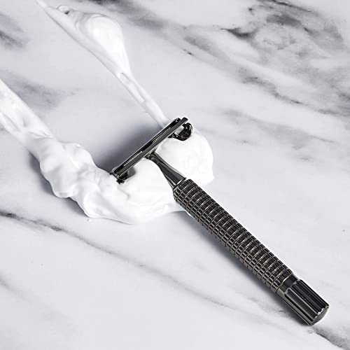 TTO Double Edge Safety Razor Long Handle with Razor Stand and 10 Blades + Mini Cleaning Brush Manual Wet Shaving Gift Set