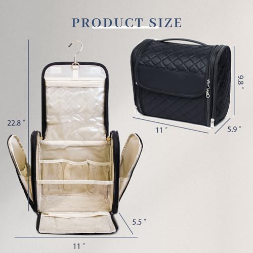 Inmorven Makeup Bag for Women with Hanging Hook - Portable Cosmetic Case, Large Portable Capacity Travel Hanging Toiletry Bag Organizer Case for Toiletries and Cosmetics, Black