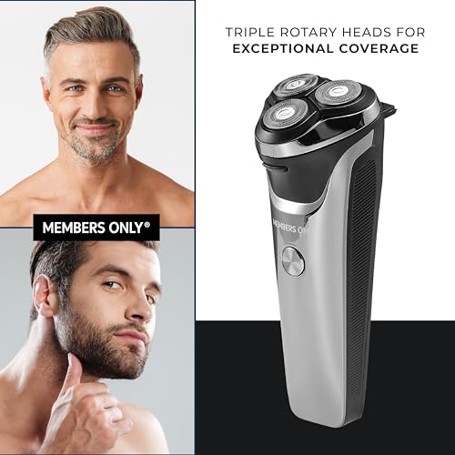 Members Only Electric Razor for Men, Lithium Metallic Cordless 3 Heads Rotary Shaver, Precision Trimming, Close Shave with Built-in Pop-up Trimmer, IPX6 Waterproof, USB Rechargeable Battery
