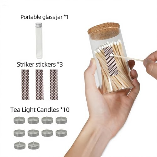 Colored Safety Matches | 4-Inch Long Matches in Glass Jar | Perfect for Lighting Candles | 150 PIECES | 10 CANDLES AND EXTRA EMPTY JAR GIFT (WH?TE)