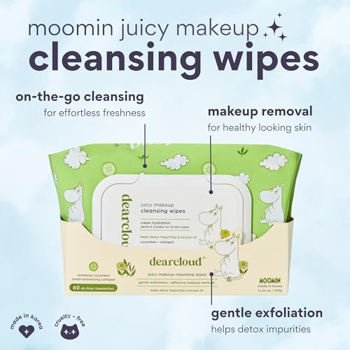 Moomin Juicy Makeup Cleansing Wipes - 60 count- Cucumber & Collagen Makeup Remover Towelettes (Renewing Cucumber)