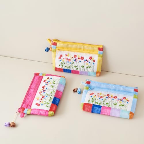 Korean Traditional Patchwork Pouch ? Hand-Embroidered Floral Design with Zipper (Light Blue)