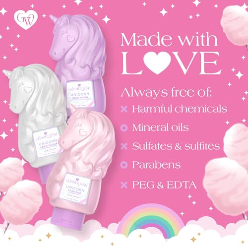 Glimmer Wish Premium Unicorn Shampoo + Conditioner + Body Wash, Vanilla Cotton Candy Scent, Dermatologist Tested, Sulfate & Sulfite Free, Paraben Free, PEG & EDTA Free, 100% Vegan, Cruelty & Gluten