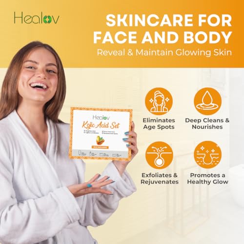 Kojic Acid Skincare Set ? Kojic Soap Cleanser, Exfoliating Body Scrub, Face Cream & Brightening Facial Serum ? Skin Brightening Hyperpigmentation Treatment, Dark Spot Corrector ? with Turmeric Papaya