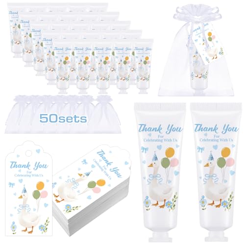 Demissle 50 Sets One Silly Goose Baby Shower Birthday Party Favors Travel Size Hand Cream Appreciation Hand Lotion with Cards and Bags Silly Goose Bulk Gifts for Guests Baby Shower Birthday(Blue)