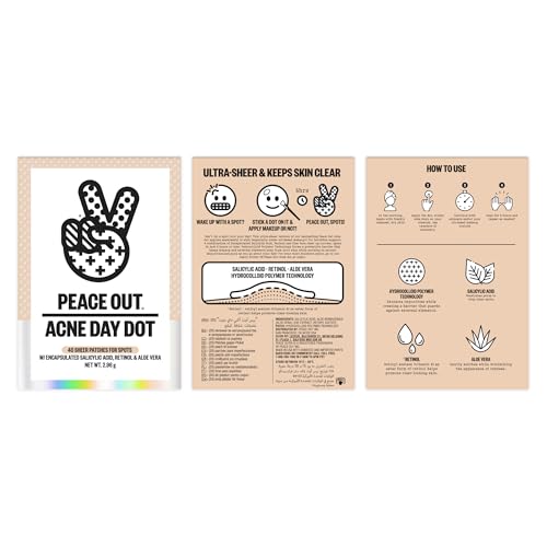 PEACE OUT Acne Day Dot Sheer Hydrocolloid Pimple Patches, Invisible Acne Spot Patches with Encapsulated Salicylic Acid, Retinol, and Aloe Vera, 40 Dots