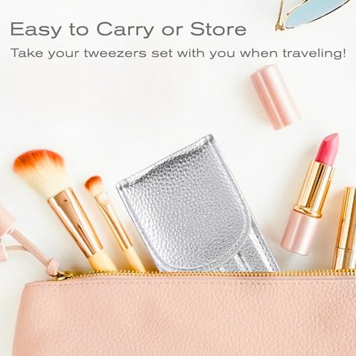 4-Pcs Glitter Stainless Steel Precision Tweezer Set for Eyebrows, Ingrown Hair & Lash Extensions (Bright Silver)