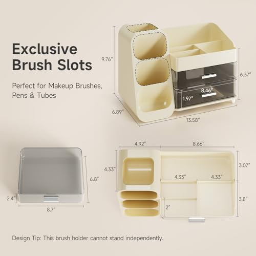 Delamu Big Makeup Organizer with Drawers, Spacious Cosmetic Display Caddy with Makeup Brush Holder, Bathroom Countertop Organizer for Vanity, Dorm, Desk, Beige