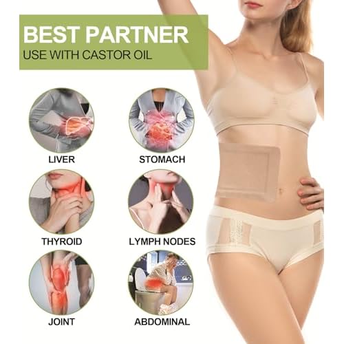 20pcs Castor Oil Pack Wrap, Portable Self-Adhesive, Disposable Castor Oil Pack Organic Cotton for Stomach, Liver, Belly & Entire Body, No Leaks, No Irritation, Stick Overnight (Kahaki)