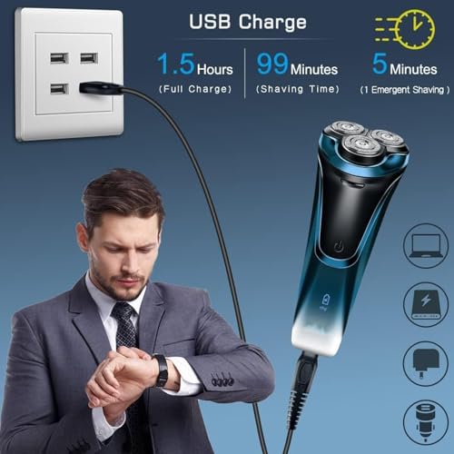 Snapbuy Electric Razor for Men, Snapbuy Electric Razor Pro of Father, 4D Floating Head Rotary Shaver, Ipx7 Waterproof Electrical Razors, Wet & Dry Fast Charging Electrical Shaver LCD Display (Blue)