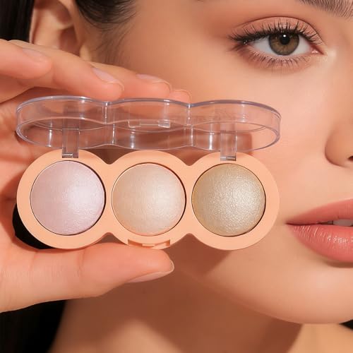 Baked Face Trio Palette,Highlighter Blush Contour &Eyeshadow All in One,Silky Smooth Blendable Powder,Natural Low Saturation Shades, Color-Rich Waterproof Long-Lasting Makeup Palette for Daily Use-B02