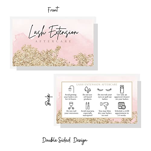 Lash Extension Aftercare Cards | 50 Pack | 2x3.5" inch Business Card Size | Eyelash Extension Supplies | Lash Aftercare | Pink Watercolor and Gold Design