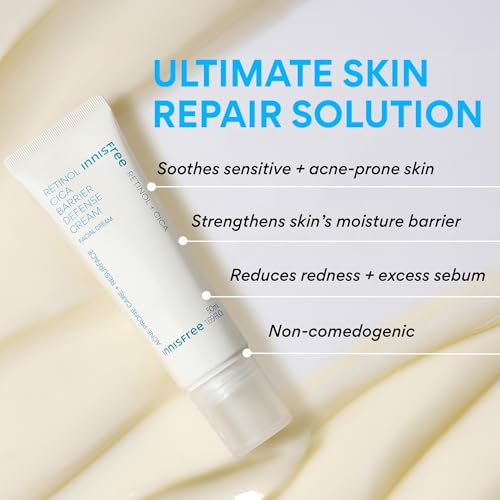 innisfree Retinol Cica Barrier Cream, Korean Moisturizer with Madecassoside for Sensitive, Acne-Prone Skin, Calming and Strengthening Formula