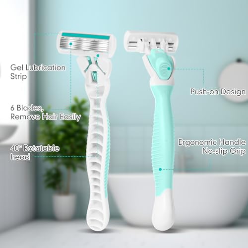 Lasnten 39 Pcs Disposable Women Razors 6 Blade Sensitive Skin Shaving Razor Set Include 3 Non Slip Handles and 36 Refills(Green)
