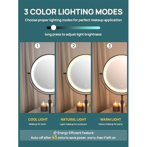 OMIRO 1X/10X Makeup Mirror with Lights,8.5 Inches Double Sided Vanity Mirror with Height-Adjustable Stand,Magnifying Mirror with 3 Color Light (Black)