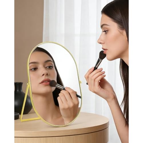 Vanity Desk Table Mirror, Adjustable Rotation Oval Tabletop Standing Makeup Mirror with Metal Framed for Living Room, Bedroom, Bathroom, Gold