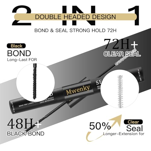 Lash Bond and Seal, 2-in-1 Eyelash Glue for Clusters, Waterproof & Latex-Free Lash Adhesive, Long-Lasting 72H+ Hold, Non-Irritating Black Bond for DIY Eyelash Extensions at Home (5ml+5ml)