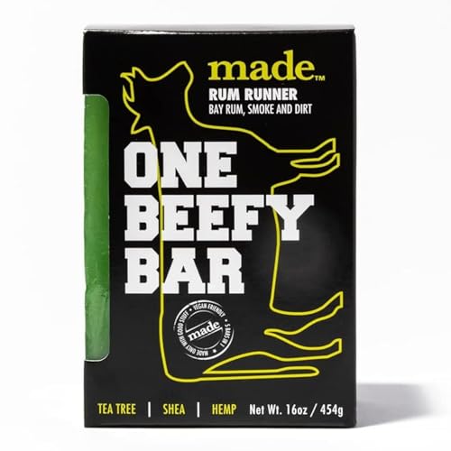 made One Beefy Bar | Rum Runner | Shampoo, Body Wash & Shaving Soap | Bay Rum & Smoked Earth Scent | Breakaway Brick Design | Moisturizing with Coconut Oil, Shea Butter & Aloe Vera | 16 oz
