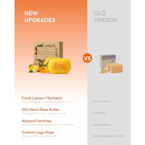 Lemon Turmeric Kojic Acid Soap ? Exfoliating Soap with Almond Particles for Dark Spots, Vitamin C and Extra Shea Butter, Gentle Brightening & Moisturizing for Face and Body ? 105g x4 Bars