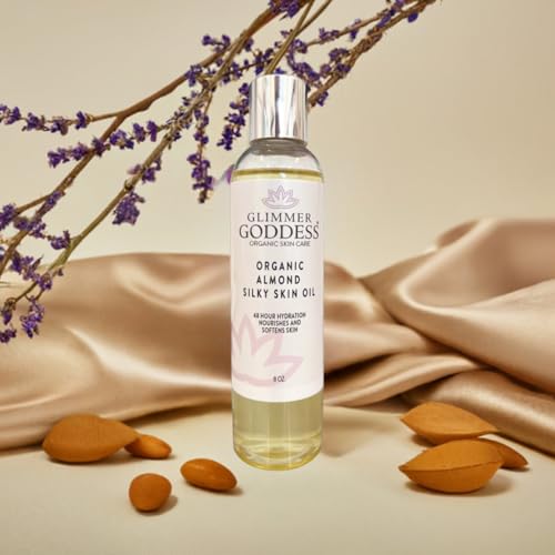 GLIMMER GODDESS Organic Sweet Almond Silky Skin Oil - Moisturizing Dry Skin, 48 Hour Hydration, Unisex 8 oz.