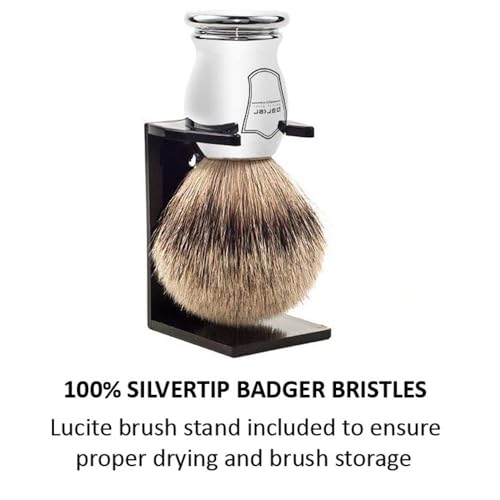 Parker 100% SILVERTIP Badger Shaving Brush ? Chrome Handle & Stand ? Premium 3-Band Badger Bristles for Smooth, Luxurious Lather
