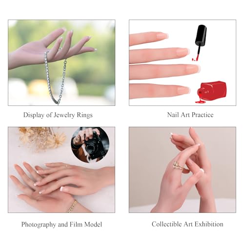 Silicone Realistic Female Hand Acrylic Nails Pratice Training For Nail Art Showing Jewelry Life Size Female Model Flexible Bendable (Right Hand-With Skeleton, Ivory)