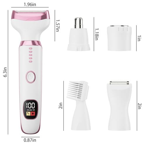 5-in-1 Electric Razor for Women - Bikini Trimmer with LED Display, Painless Hair Removal for Face, Nose, Eyebrows, Arms & Legs - Wet/Dry Rechargeable Shaver for Armpits & Pubic Area