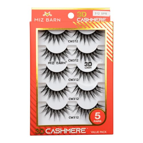 Miz Barn Lashes 3D Cashmere Long Extension Eyelashes Natural Look Soft Reusable False Eyelashes Multipack Wispy Fake Eyelashes 5 Pairs Natural Strip Lashes (CW312)