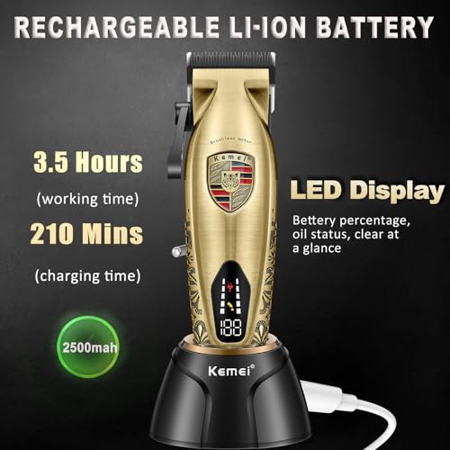 KEMEI Hair Clippers for Men Professional, Barber Clippers for Hair Cutting & Grooming, Cordless Beard Trimmer with Charging Base LED Display KM-2230 Gold