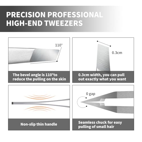Professional Slant Tweezers for Eyebrows & Facial Hair - Precise Aligned Stainless Steel Remover with Storage Case
