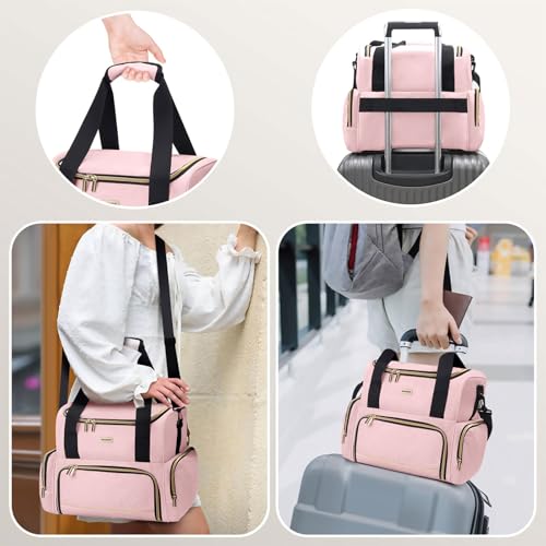 Large Makeup Cosmetic Bag with 2 Removable Case, Double Layer Travel Makeup Organizer Case, travel Toiletry Bag For Women, Pink